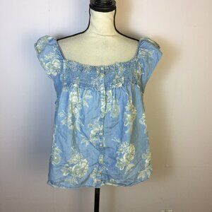 Old Navy Blouse Top XL Womans Blue Chambray Floral Smocked Square Neck Button Up
